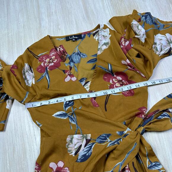 Lulu's Love & Light Mustard Yellow Floral Print Midi Romantic Faux Wrap Dress XS - Picture 15 of 16